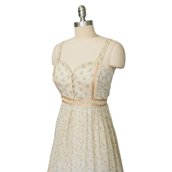 Gunne Sax Vintage 70s Floral Maxi Dress Size 13 M Prairie Calico Ivory Lace - Picture 6 of 10